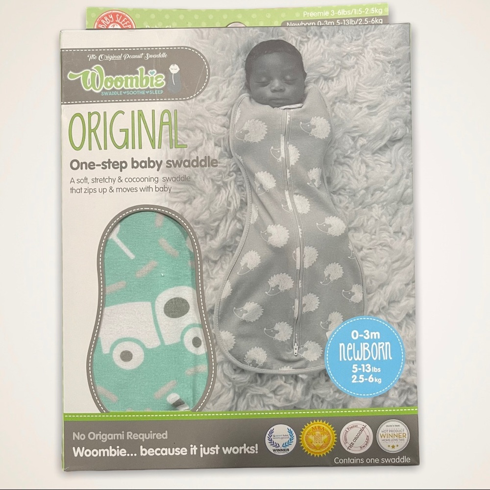 Woombie original Baby Boy Swaddle. 0-3 Month Small Mint blue with truck.